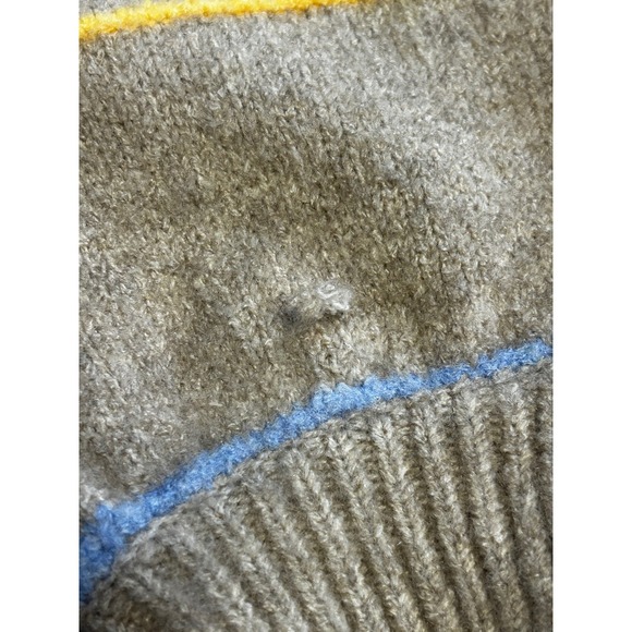 Self Contrast Striped V-Neck Cardigan Sweater Tan Multi Large Balloon Sleeve - Picture 6 of 7